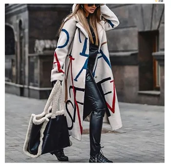 2023 Осенне-зимнее модное новое шерстяное пальто, женский свободный тренч оверсайз с принтом, пальто с лацканами, женское