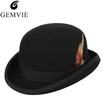 4 размера, 100% шерстяной фетр, черная шляпа-котелок Дерби для мужчин и женщин, атласная подкладка из перьев, повседневная формальная фетровая шляпа