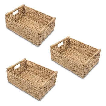 AFBC 3X Маленькие плетеные корзины для организации ванной комнаты, Гиацинтовые корзины для хранения, Плетеная корзина для хранения с деревянной ручкой