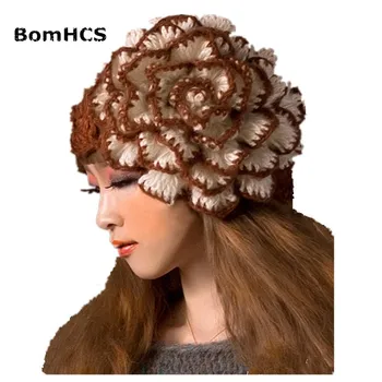 BomHCS, Женская Зимняя теплая Шапочка с Большим Цветком, 100% Ручная вязка, Вязаные крючком Шапки, Подарок