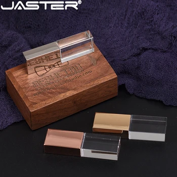 JASTER Crystal USB флэш-накопители 128 ГБ Деревянная коробка Флеш-накопитель 64 ГБ Бесплатный Пользовательский логотип Memory stick 32G Креативный свадебный подарок Pendrive
