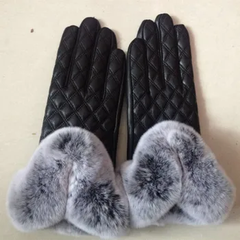 Брендовые дизайнерские женские варежки, теплые и элегантные черные зимние перчатки из натуральной кожи с натуральным кроличьим мехом AG-4