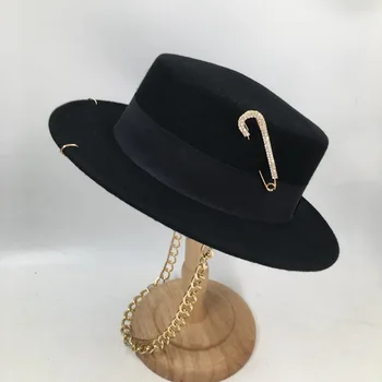 Брендовые шапки USPOP, Зимние женские Черные шерстяные фетровые шляпы, Модная шерстяная шляпа, украшенная булавками, с металлической цепочкой