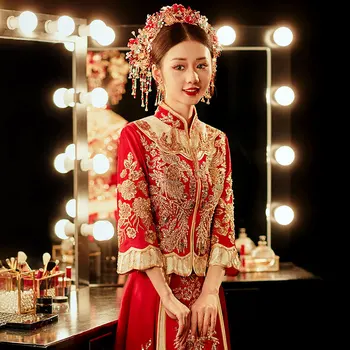 В традиционном китайском стиле, одежда для тостов с вышивкой Феникса, Женское свадебное платье, блестки, бисероплетение, кисточки, Чонсам