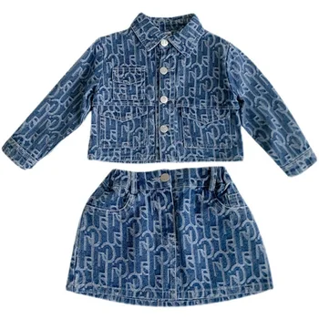 Весенне-осенний детский модный джинсовый костюм, джинсовая куртка + юбка для девочек, комплекты из 2 предметов, детские пальто и килт