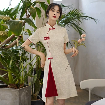 Винтажное китайское традиционное повседневное женское платье Ципао для вечеринок, Летний воротник-стойка, короткий рукав, Чонсам CNY