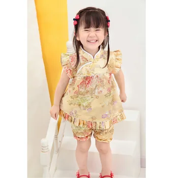 Детские комплекты с цветочным рисунком, одежда для маленьких девочек, костюмы, новогодние топы, традиционная китайская одежда, короткие штаны, Qipao cheongsam