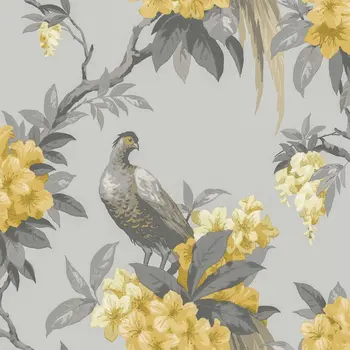 Золотой фазан, Серые обои с цветочным рисунком, Обои для домашнего декора