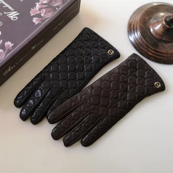 Импортные Высококачественные женские перчатки из натуральной кожи, Тонкие Утепленные Перчатки из Овчины с Бриллиантовым Переплетением, Весна-Осень EL037NN