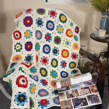 Коврик для дивана ручной работы, вязаное крючком одеяло, подушка, бабушкино квадратное афганское одеяло, Яркая Стерео скатерть с ромашками, настольная дорожка