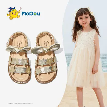 Кожаные сандалии для девочек Mo Dou, летние новые детские нескользящие туфли принцессы на мягкой подошве с милым бантом в виде звезды, с открытым носком, с крючком и петлей, уютные