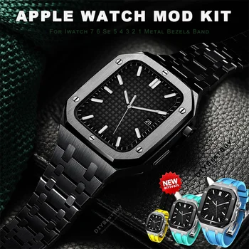 Комплект модификаций Для Apple Watch Case 7 6 SE 5 4 Комплект резиновых ремешков и чехлов из нержавеющей Стали 45 мм 44 мм 42 мм Комплект модификаций для ремешка iWatch
