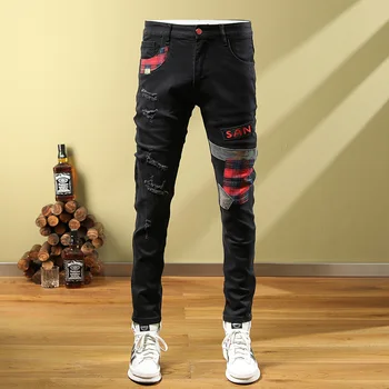Корейская версия рваных джинсов, черные мужские брюки, хай-стрит, модные повседневные мужские брюки, индивидуальность