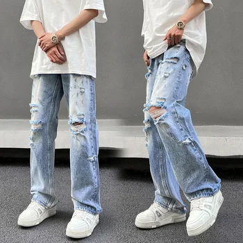 Летние Уличные американские ретро-джинсы в стиле хип-хоп с прямыми Штанинами, Рваные Джинсы с заниженной талией, Хипстерские Новые мужские брюки
