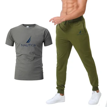 летняя мужская футболка NAUTICA 2023 + брюки, мужской спортивный костюм с логотипом бренда, повседневный модный хлопковый костюм с короткими рукавами