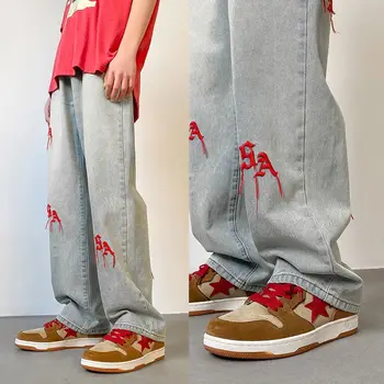 Лето 2023, новые модные джинсы с вышивкой в стиле ретро, Свободные брюки с прямыми штанинами, универсальные широкие брюки, бутик одежды в простом стиле