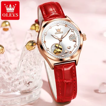 Лучшие Женские наручные часы OLEVS 6601 с ремешком из натуральной кожи, автоматические механические Часы, Модные Водонепроницаемые часы высокого качества Для женщин