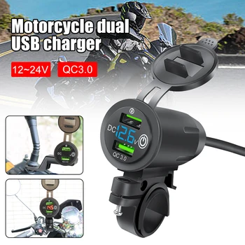 Модифицированное зарядное устройство для мотоцикла, Быстрое зарядное устройство, Двойной USB QC3.0, светодиодный дисплей Вольтметра, Двойная USB-розетка для зарядного устройства, Запчасти для Велосипеда, мотоцикла