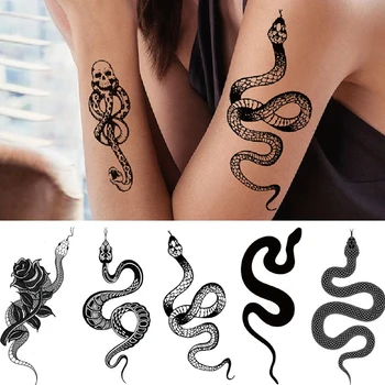 Модные временные тату-наклейки для женщин, мужчин, черная змея, водонепроницаемая поддельная татуировка на талии, на теле, на руке, Темная Змеиная татуировка