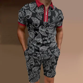 Мужская Повседневная рубашка поло с коротким рукавом и шорты, комплекты из двух предметов, летняя одежда, спортивный костюм Поло на молнии, комплект для мужчин, M-3XL