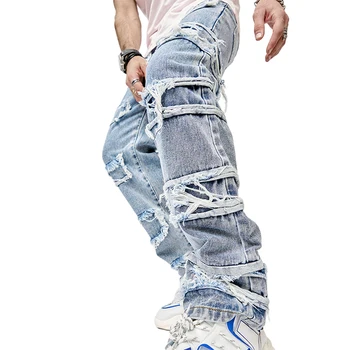 Мужские рваные джинсы, потертые, разрушенные, обычного покроя, джинсовые брюки Y2k, уличная одежда