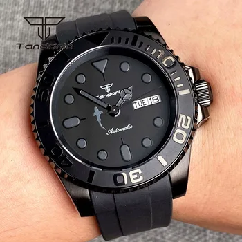 Мужские часы Tandorio в черном PVD-корпусе NH36A 40 мм, автоматические часы для мужчин, Каучуковый ремешок, отображение даты недели, Керамический Вращающийся безель, Сапфировый