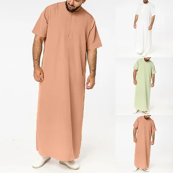 Мусульманские мужские однотонные халаты Jubba Thobe Саудовская Молния Винтажный Короткий рукав с Круглым вырезом Мусульманская Арабская Исламская одежда