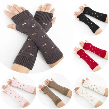 Новые женские перчатки на локоть, осенне-зимние теплые вязаные перчатки с длинными пальцами, Женские полые Рождественские красные перчатки на локоть для вождения