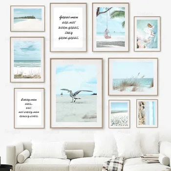 Плакаты и принты в Скандинавском стиле с голубым Небом, Пляжным морским пейзажем, цитатами из Чайки, Тростникового человека, Картины на холсте, Настенные художественные панно для гостиной