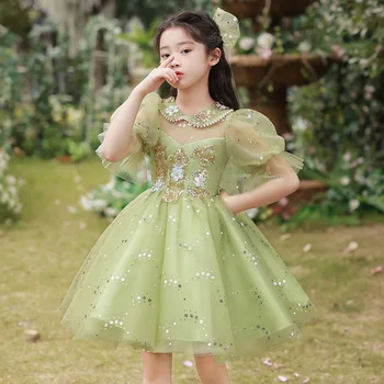 Платье для Девочек из Тюля с Зелеными Блестками, Расшитое Бисером, Вечернее Платье для Девочек, Наряд Для Школьной Церемонии, Детский Костюм