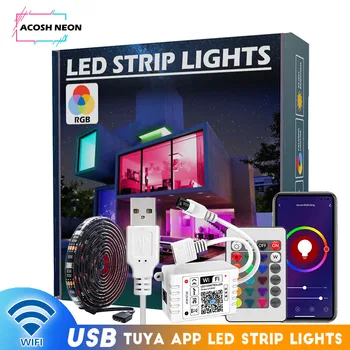 Светодиодные ленты TUYA USB 16,4 фута/5 м с 16 миллионами сменяющихся цветов, 150 светодиодов для синхронизации музыки DIY Colors с 24 клавишами дистанционного управления