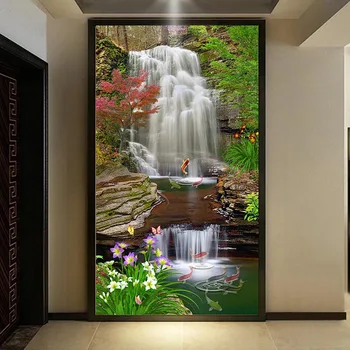 Фотообои, 3D Стерео Классические Водопады, Лес, Карп, Природа, Пейзаж, Фотообои, Обои для стен, Декор для входа в гостиную