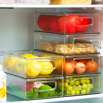 Штабелируемые Пластиковые Ящики для хранения продуктов, Органайзер для Холодильника с ручками для шкафов-кладовок, прозрачный пластиковый стеллаж для хранения продуктов
