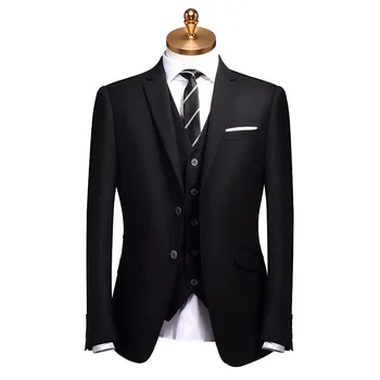 100% Шерсть, черные мужские костюмы в стиле джентльмена в стиле ретро, свадебный костюм, блейзер, костюмы для мужчин, 2 шт., блейзер + брюки, 3 шт. (куртка + брюки + жилет)