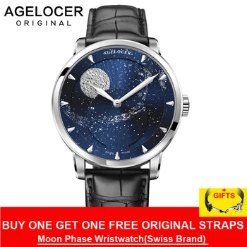 Agelocer 2020, Роскошные Брендовые Синие Автоматические часы для мужчин, Фаза Луны, Запас хода, Механические часы 6404A1
