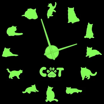 Британская Короткошерстная кошка Светящиеся Настенные Часы Декор Зоомагазина Силуэт Кошки DIY Наклейки Акриловые Негабаритные часы Для гостиной