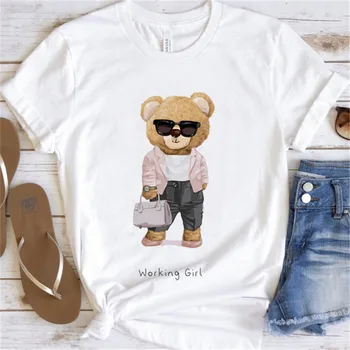 Женская модная футболка оверсайз с принтом, забавная футболка с милым медведем, Топ, повседневная одежда, Летняя футболка с короткими рукавами.