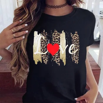 Женская футболка с леопардовым принтом в виде сердца, модная футболка, черная футболка, женские футболки с коротким рукавом и рисунком, женские повседневные футболки