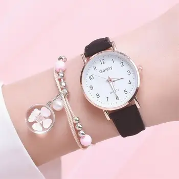 Женские часы-браслет, Светящиеся женские часы с кожаным ремешком, кварцевые наручные часы, Женские часы, модный комбинированный набор Подарков