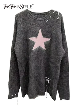 Женский свитер TWOTWINSTYLE с принтом Звезды, круглый вырез, длинный рукав, лоскутное шитье, Цветные вязаные пуловеры, женская одежда