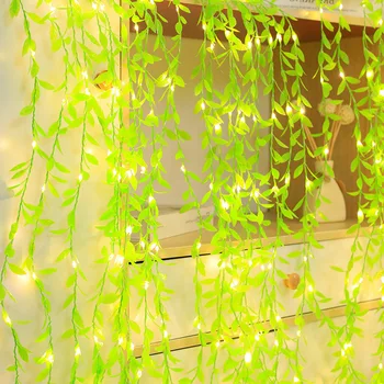Зеленый ивовый лист, светодиодная Гирлянда Из искусственных листьев Лозы, Гирлянда из сказочных Огней, Батарея/USB, лампа для украшения сада