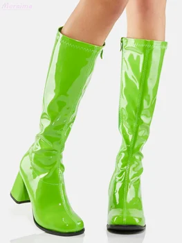Лаймово-зеленые Сапоги до колена с квадратным носком, на массивном блочном каблуке, из лакированной кожи, с боковой молнией, однотонная женская обувь, осень-зима, Модная новинка