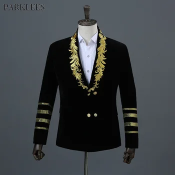 Мужская золотая вышивка двубортный бархатный костюм куртка 2018 Новый воротник-Шаль в стиле милитари партии этап пиджак мужской
