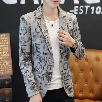 Мужской новый повседневный пиджак с креативным буквенным принтом из искусственной Замши в корейском стиле, Тонкое Модное Универсальное деловое повседневное пальто