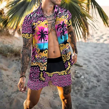Новая Леопардовая розовая летняя Пляжная одежда с кокосовым принтом, Повседневная рубашка и Шорты с Цветочным Принтом, Гавайская рубашка, Праздничная Одежда