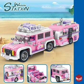 Технические характеристики 1149 шт., розовый туристический автобус, модель автомобиля для путешествий, строительные микроблоки, городской фургон, грузовик с фигурками, кирпичи, игрушки, подарки