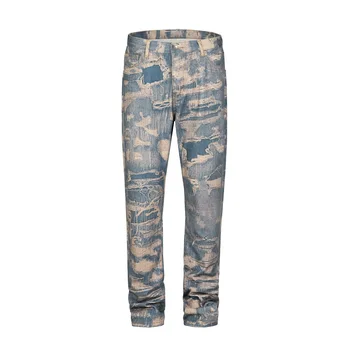 Цифровая печать повреждает облегающие джинсы Мужские винтажные джинсовые брюки Мужские повседневные брюки Горячая распродажа уличной одежды